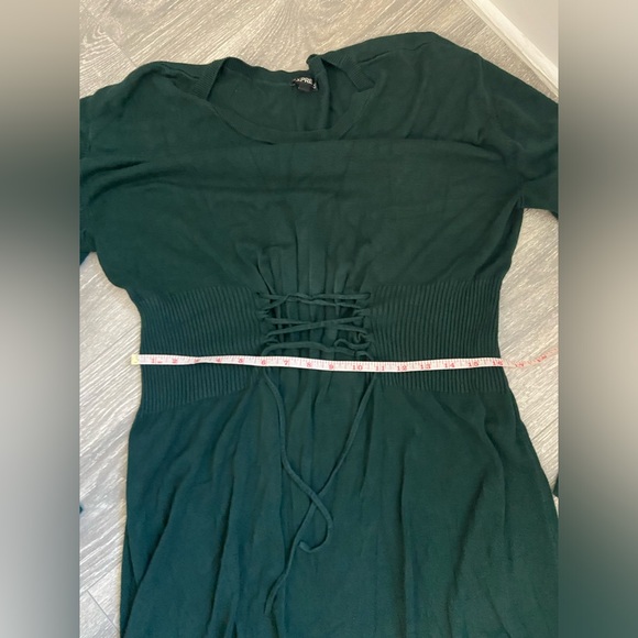 NWOT, Express Stretchy Knits Green Long Bell Sleeve Dress Waist Tie Accents Sz L - Picture 11 of 12
